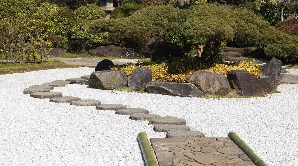 Ceci est une image d’un jardin dit « japonais » composé d’arbustes broussailleux, de pavé en pierre et de galets blanc fermant le tout. Il s’agit d’une des solutions possibles pour créer un jardin hypoallergénique afin de lutter contre la diffusion des pollens. Image du deuxième article sur les Plantes dangereuses pour l'homme et les animaux- Article de Blog Rédigé par EcoVerde Parcs et Jardins à Saint-Arnoult-en-Yvelines-en-Yvelines.
