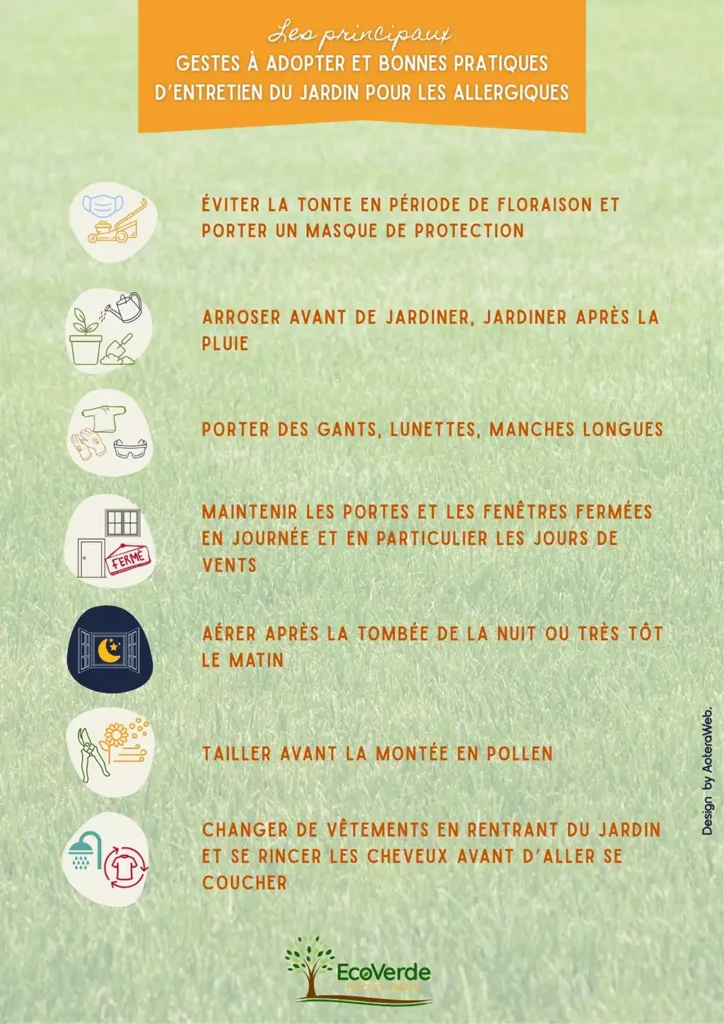 Ceci est une illustration crée par Aoteraweb pour EcoVerde Parcs et Jardins pour montrer les gestes simple à adopter et les bonnes pratiques d'entretien au jardin pour les personnes allergiques afin de contrer les pollens comme porter des gants, maintenant les portes et fenêtres fermées, aérer après la tombée de la nuit ou très tôt le matin. Image du deuxième article sur les Plantes dangereuses pour l'homme et les animaux- Article de Blog Rédigé par EcoVerde Parcs et Jardins à Saint-Arnoult-en-Yvelines-en-Yvelines.
